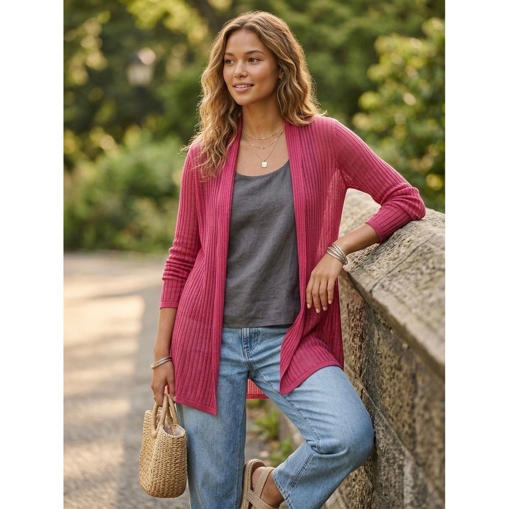 Eileen Fisher Petite Pink Linen Silk Ribbed Open Front Cardigan S3VSH-3 PL